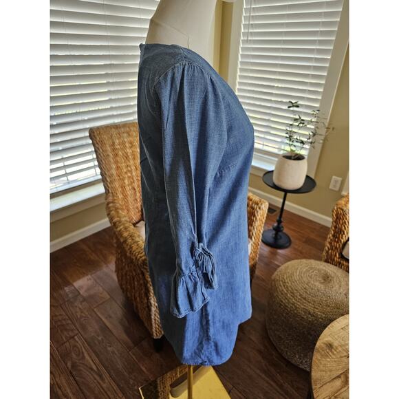 J. Crew Chambray 3/4 Length Ruffle Flare Dress Women's Size 0 Shift Coastal - Picture 3 of 11
